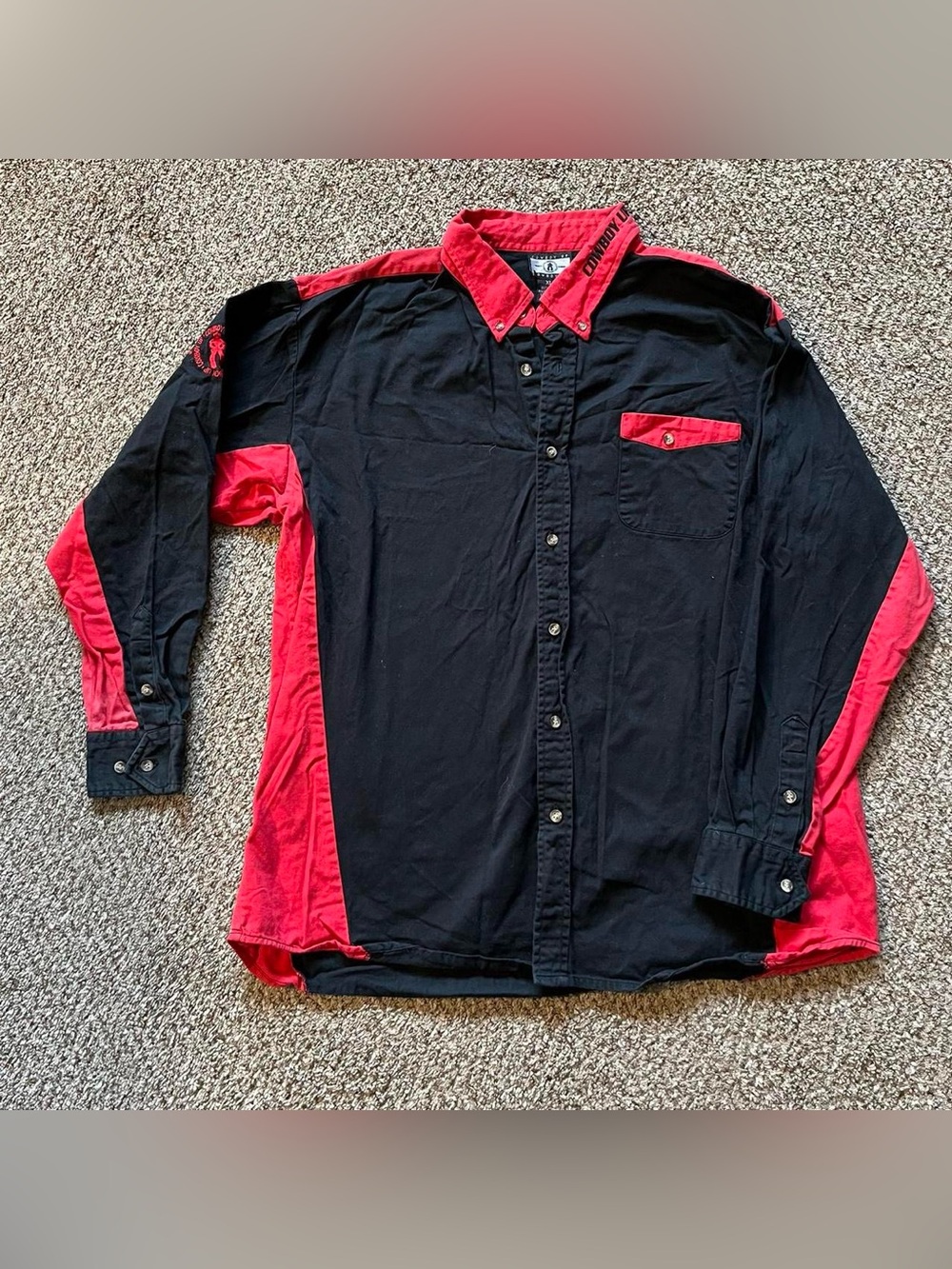 Cowboy Up black + red denim “cowboy up” button down shirt